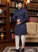 Jacquard Silk Blue Wedding Wear Hand Work Readymade Sherwani